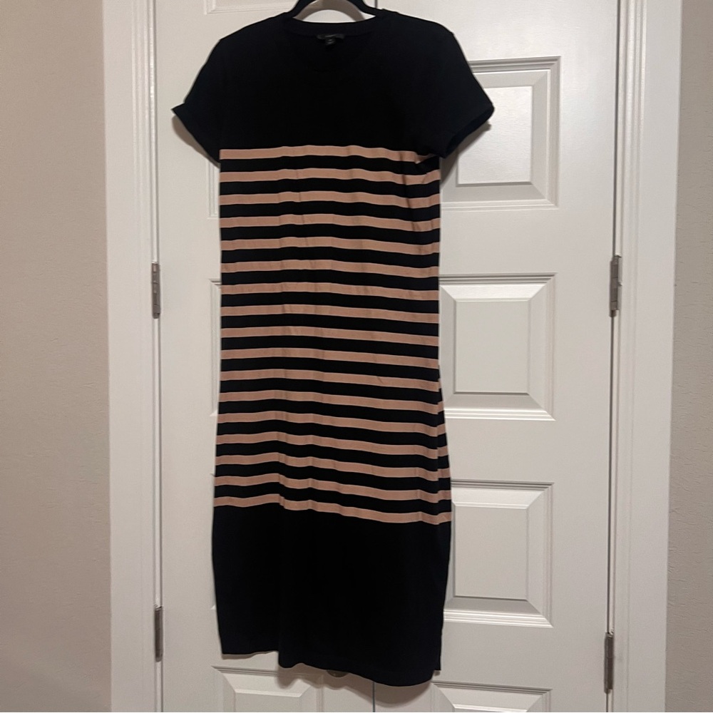 J. Crew Black and Tan Striped Midi T-shirt Dress